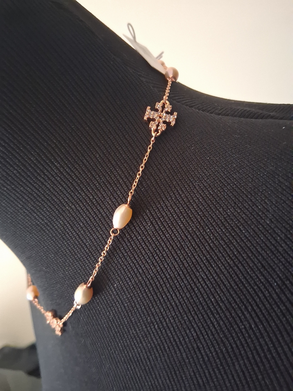 🌷Tory Burch Rose Gold Immitation Pearl And Crystal Pave Kira Logo Necklace NWT - Picture 8 of 15